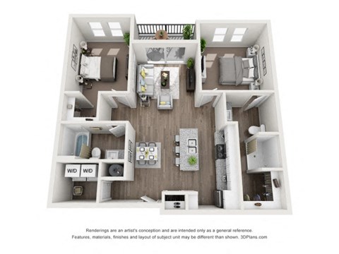 Floor plan for 2 beds, 2 baths, 1019 sqft